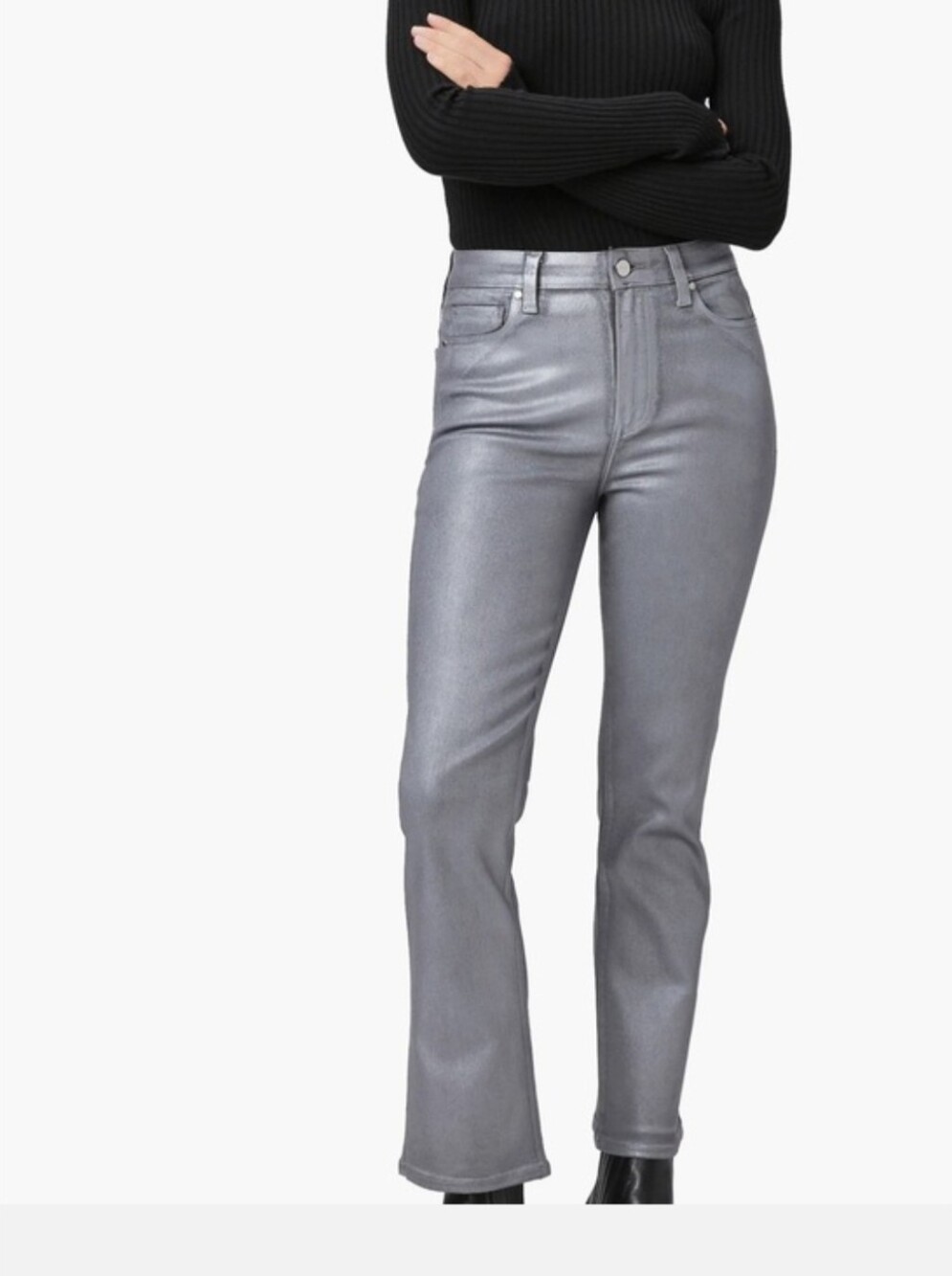 PAIGE Claudine Metallic Coated Flare Jeans Women's 29 Gunmetal Silver
